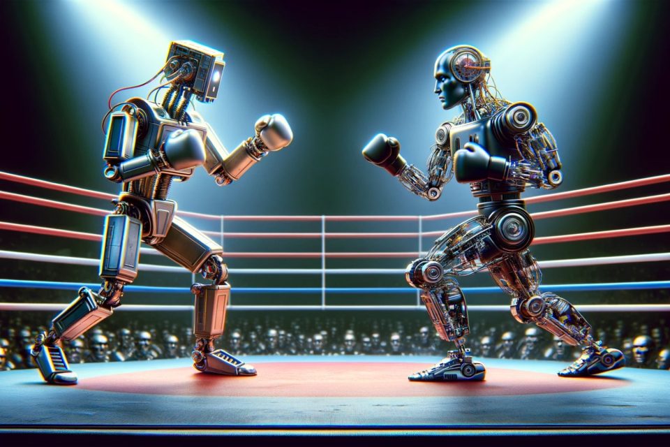 Two robots boxing in a ring